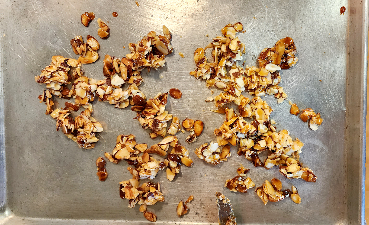 Candied almonds on a cookie sheet