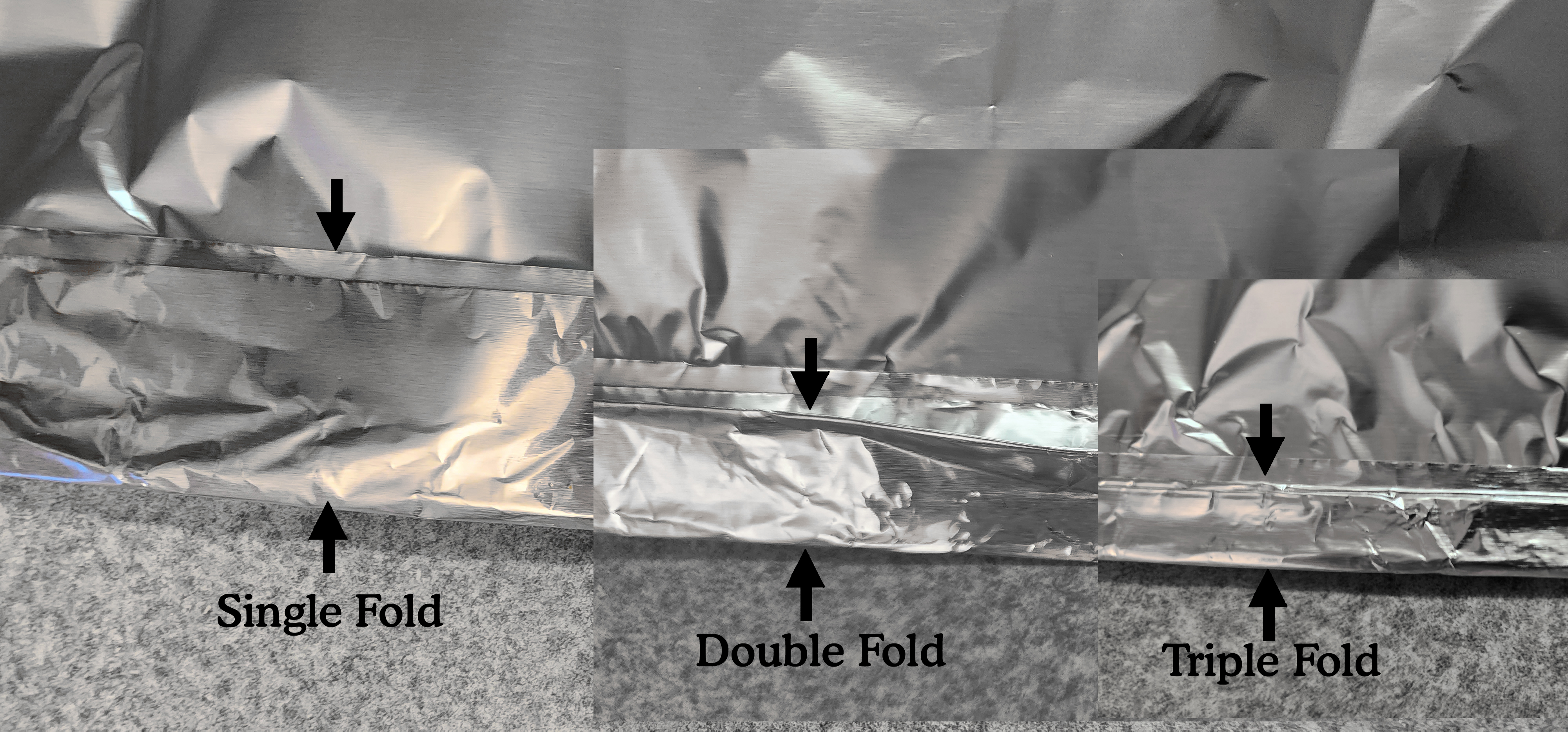Composite photo showing how to fold the aluminum foil